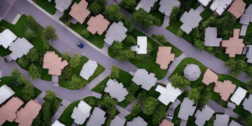 Image similar to suburbs, film still from the truman show, crane shot from above