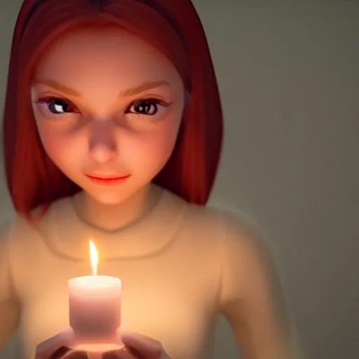 Image similar to A cute girl holding a glowing candle, fragile, soft, vray, Cimema 4D, 3d character, game character