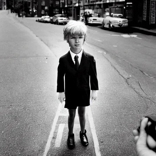 Prompt: street photo of young donald trump, black and white, by gilbert weingourt