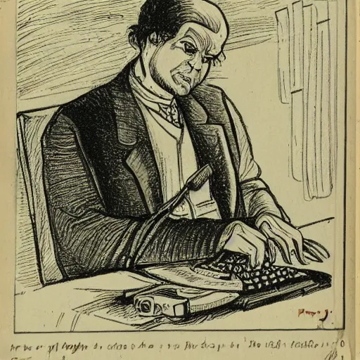 Image similar to a man sitting at a desk typing on the typewriter, old english sketch drawing