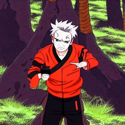 Image similar to gordon ramsey in naruto, ninja outfit, forest, anime style