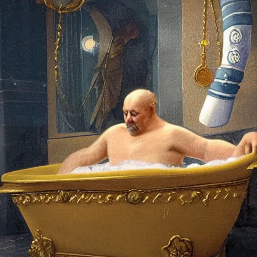 Image similar to emperor of the russian empire nikolay 2 lies in a bath with foam. there is a yellow duck in the bathroom.