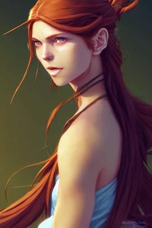 Image similar to long ginger hair, tanned woman in a prehistoric outfit, green eyes, by artgerm, hair tied in a ponytail, white backdrop, soft lighting, blue and purple colors, by greg rutkowski makoto shinkai takashi takeuchi