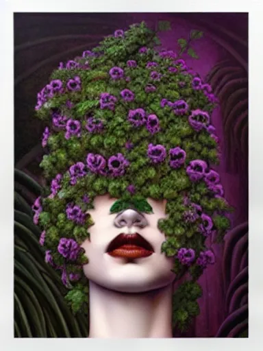 Prompt: The Hanging-Gardens of Pareidolia, ivy, verbena and pothos growing facial features and optical-illusions!!!!!, aesthetic!!!!!, by Gerald Brom in the style of Johfra Bosschart in the style of,