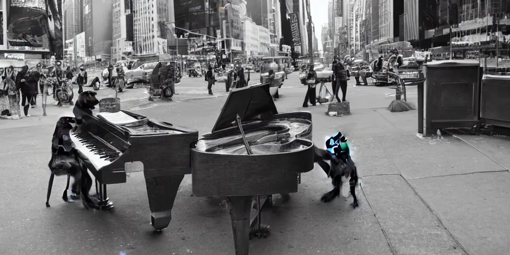 Image similar to a super high-resolution photo of a monkey playing the piano in the busy New York street