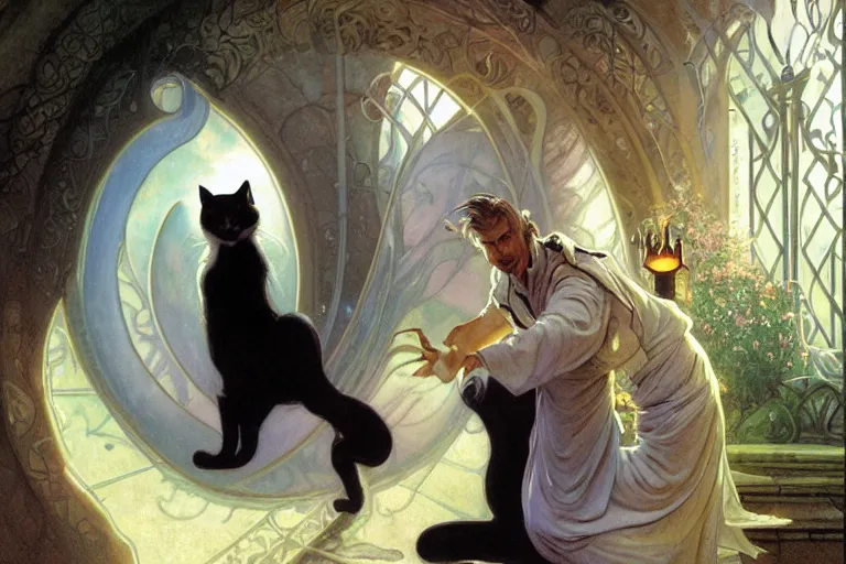 Image similar to an anthropomorphic black and white cat wearing long flowing robes teaches his apprentice a new magical spell in front of a magical gateway to another universe, illustration by Boris Vallejo, rutkowski, thomas kindkade, alphonse mucha, loish, norman rockwell, artstation, furaffinity