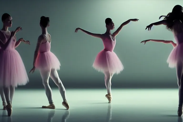 Image similar to vfx film closeup, futuristic ballerinas stand - off, flat color profile low - key lighting award winning photography arri alexa cinematography, hyper real photorealistic cinematic, atmospheric cool colorgrade