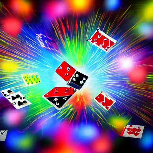 Image similar to poker cards fly through the air at a centered explosion of colorful powder on background by maxvanzwerg