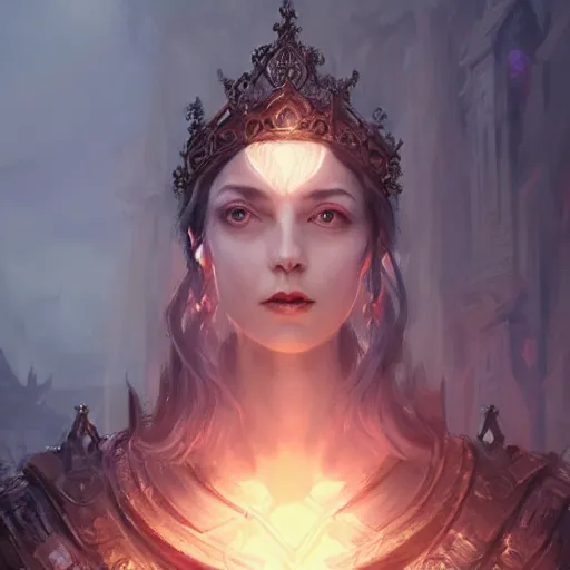 Image similar to portrait of a fantasy tall woman with black hair pale skin and a crown on her head, intricate baroque armour, glowing aura, trending on artstation, 4 k, greg rutkowski, concept art, matte painting,