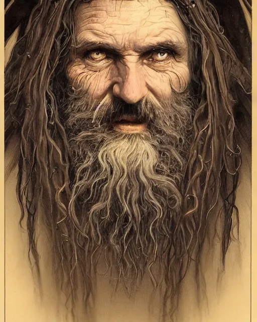 Image similar to portrait of a 6 0 - year - old giant man with long tangles of bushy black hair and beard hiding most of his face, kind eyes, wearing in black cloak, hyper realistic face, beautiful eyes, fantasy art, in the style of greg rutkowski, intricate, alphonse mucha, hyper detailed, smooth