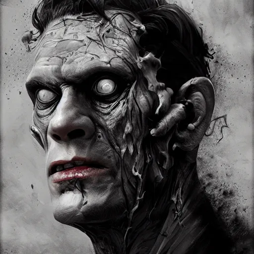 Image similar to black and white, portrait of frankenstein, scarred, in a suit, fantasy art, art by greg rutkowski, matte painting, trending on artstation