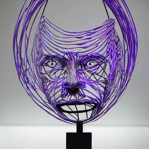 Prompt: dayglo purple extemporaneous, chaotic by jean - francois millet. a kinetic sculpture of a human head seen from multiple perspectives at once, as if it is being turned inside out. every angle & curve of the head is explored & emphasized, creating an optical illusion.