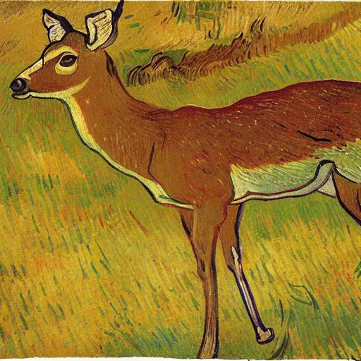 Prompt: deer writing a book painted by vincent van gogh