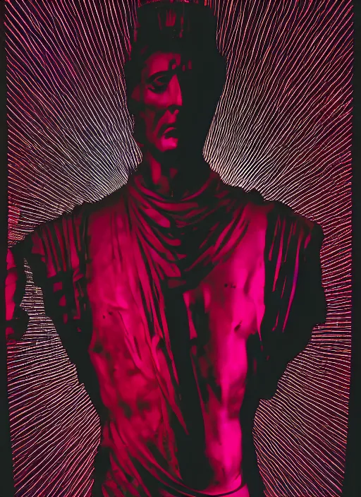 Prompt: design poster showing a statue of julius caesar, black background with very subtle red and purple design elements, powerful, nekro, vito acconci, graphic design, collage art, thin lines, dark, glitch art, neo vaporwave, gritty, layout frame, square, trending on artstation