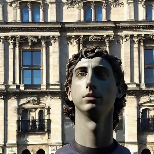 Image similar to the giant sculpture of Timothee Chalamet's head outside of the Louvre