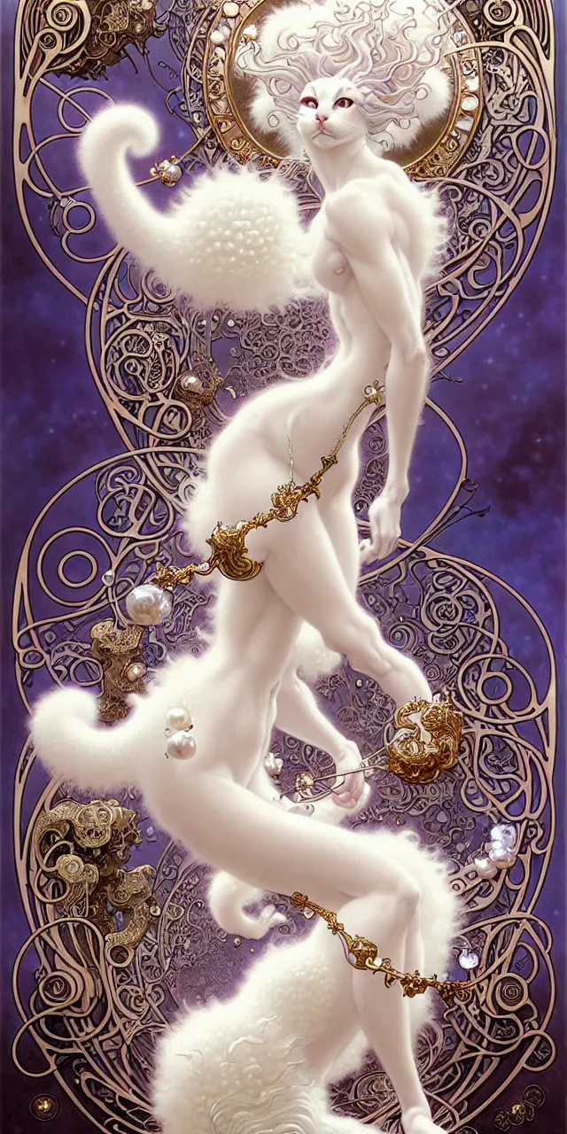 Image similar to beautiful white fluffy cat art nouveau fantasy character portrait, ultra realistic, intricate details, the fifth element artifacts, highly detailed by peter mohrbacher, hajime sorayama, wayne barlowe, boris vallejo, aaron horkey, gaston bussiere, craig mullins alphonse mucha, art nouveau curves swirls and spirals, flowers pearls beads crystals jewelry goldchains scattered