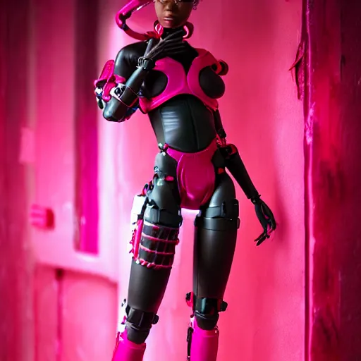 Prompt: cinematic, full shot, realistic cyberpunk african barbie, short pink hair brown skin, barbie cyborg, perfect face, perfect body, plastic skin, mattel, red latex catsuit with led, high boots, ghost in the shell, hajime sorayama, h 7 6 8