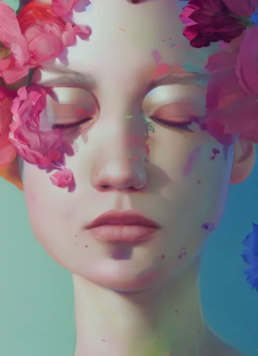 Image similar to still from music video, beautiful women blindfold, flowers, street clothes, full figure portrait painting by martine johanna, ilya kuvshinov, rossdraws, pastel color palette, 2 4 mm lens