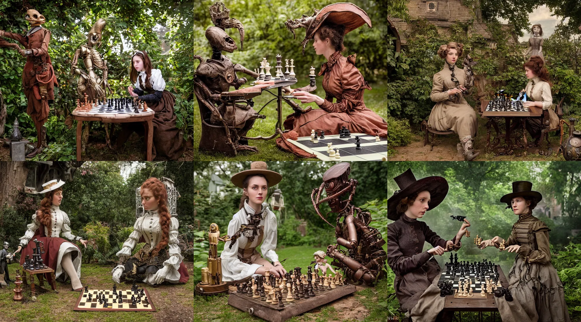 Prompt: detailed, sharp, a girl playing chess with her pet alien humanoid creature, wearing 1860s era clothes, in the garden of a house on an alien planet, steampunk, extremely highly detailed, hyperrealistic, highly detailed faces, 70 mm still from a period sci fi movie, 4k, HD