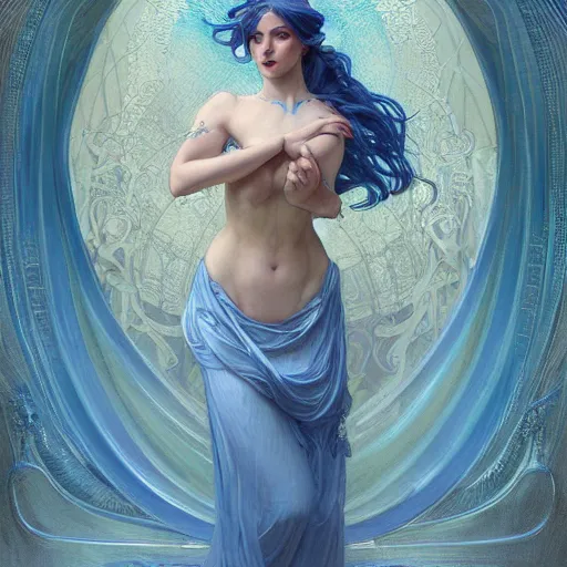 Prompt: goddess, blue hair, long hair, hands open for a hug, intricate, elegant, ethereal, highly detailed, digital painting, artstation, concept art, smooth, sharp focus, illustration, art by artgerm and greg rutkowski and alphonse mucha