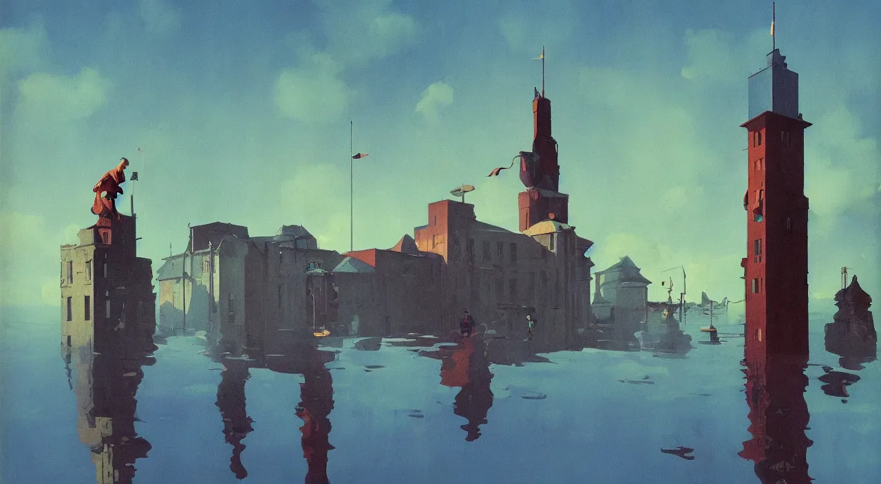 Image similar to flooded colorful surreal lonely single ancient tower, very coherent high contrast!! painting by stalenhag spitzweg magritte syd mead norman rockwell edward hopper james gilleard, dark shadows, sunny day, triadic color scheme, hard lighting, masterpiece