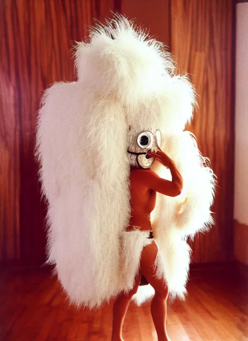 Image similar to realistic photo portrait of the friends, white carnival fluffy costume, wooden mask sculpture of a totem bird, wearing hairy fluffy cotton shorts, dancing in the spacious wooden polished and fancy expensive wooden room interior with many cloud sculptures 1 9 9 0, life magazine reportage photo