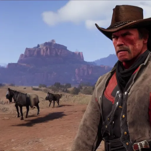 Image similar to Arnold Schwarzenegger in Red Dead Redemption 2