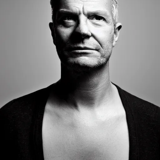 Prompt: award-winning portrait photo of Dutch actor Merijn Oerlemans, black background, dramatic lighting