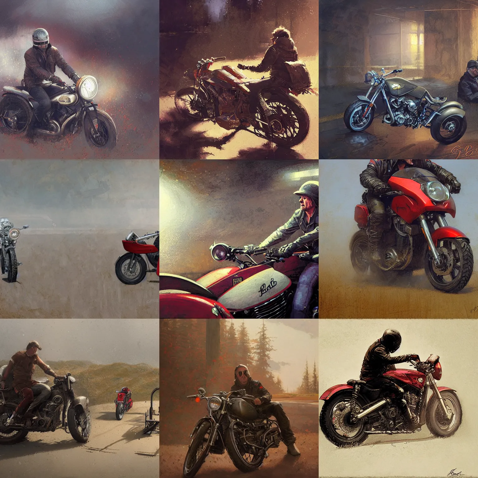 Prompt: Neil Peart dreaming of motorcycles, by Greg Rutkowski,