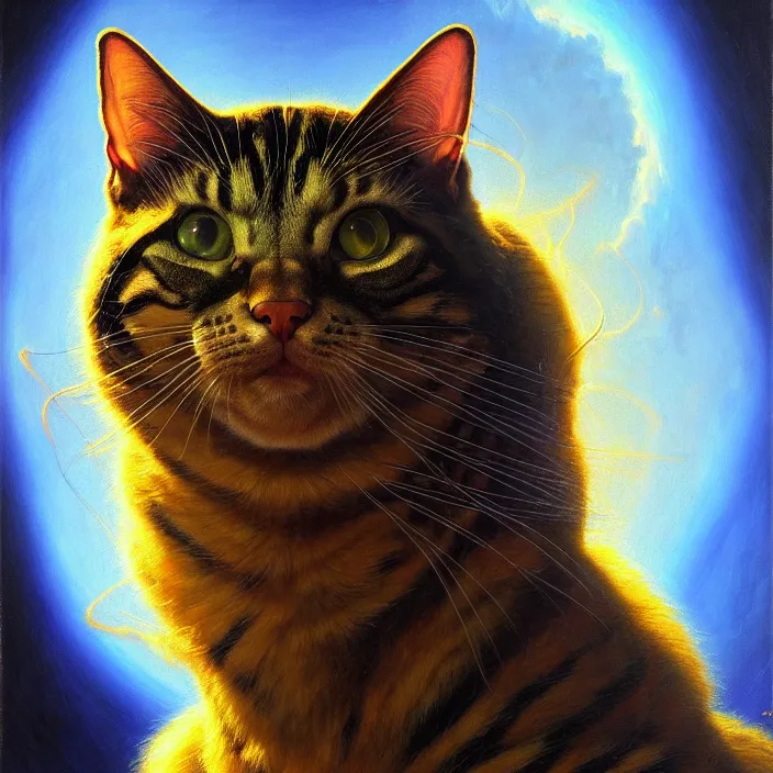 Image similar to cinematic bust portrait of psychedelic cat from left,, donato giancola, larry elmore, oil on canvas, masterpiece, trending on artstation, featured on pixiv, cinematic composition, dramatic pose, beautiful lighting, sharp, details, hyper - detailed, hd, hdr, 4 k, 8 k
