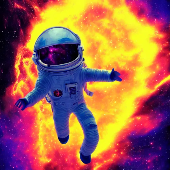 Image similar to scary astronaut in a nebula explosion, pastel, anime, colorful, crowded, horror, artstation, digital art.