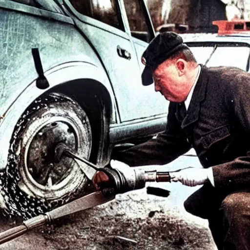 Image similar to hitler using an angle grinder, removing rust from a toyota mr 2