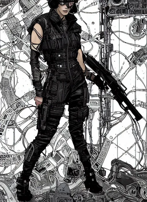 Prompt: selina. the snake. cyberpunk assassin in military vest and jumpsuit. portrait by ashley wood and alphonse mucha and laurie greasley and josan gonzalez. illustration, pop art, cinematic. realistic proportions. moody industrial setting. artstationhq