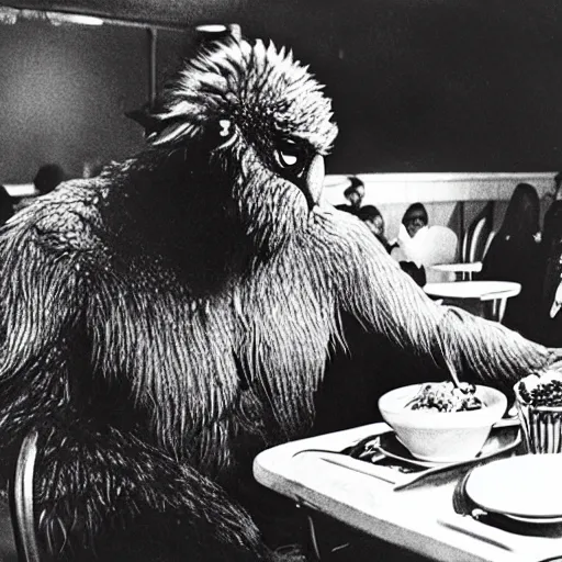 Image similar to mothman eating breakfast with sasquatch at a diner