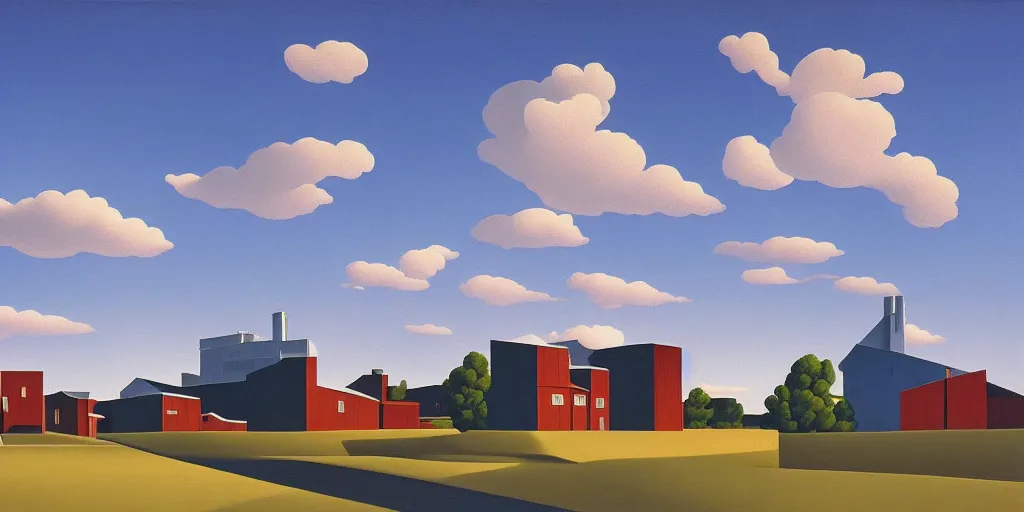 Image similar to factory, blue sky, summer evening, kenton nelson