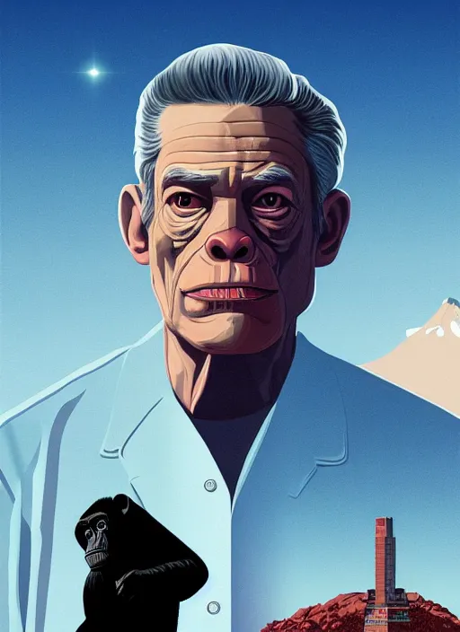 Image similar to Twin Peaks movie poster artwork by Michael Whelan and Tomer Hanuka, Rendering of a chimpanzee in a scientist lab coat, small rural town in background, from a scene from Twin Peaks, clean, full of detail, Matte painting, trending on artstation and unreal engine