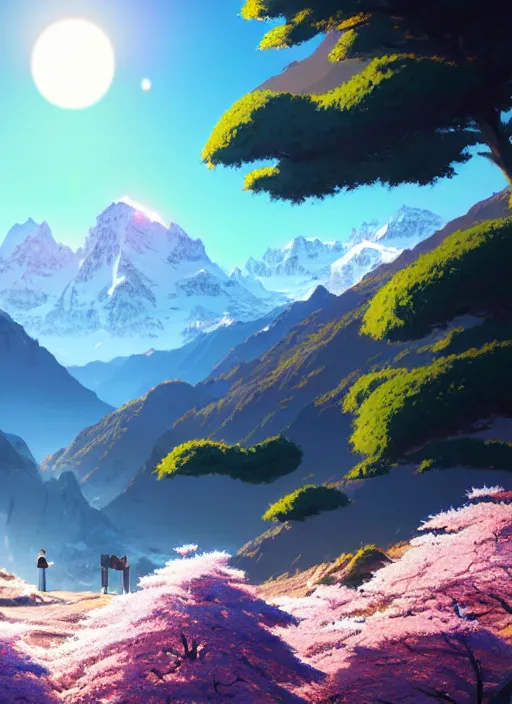 Prompt: a wholesome animation key shot, swiss alps peaks in the background, cherry blossoms in the foreground, studio ghibli, pixar and disney animation, sharp, rendered in unreal engine 5, anime key art by greg rutkowski, bloom, dramatic lighting