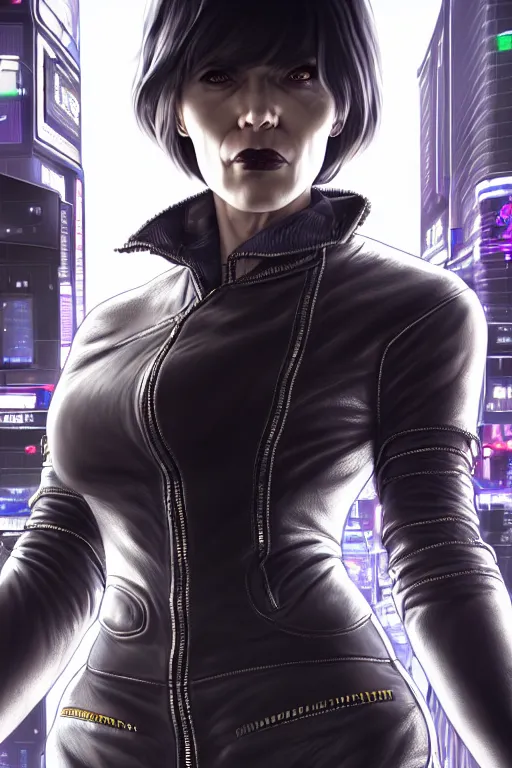 Prompt: hyperdetailed very close portrait of a european fourty years old woman with grey eyes in a leather suit with a pin in a cyberpunk city inspired by ross tran and wlop and masamune shirow and kuvshinov, concept art, intricate, photorealistic, octane render, rtx, hdr, unreal engine, dnd digital art by artgerm