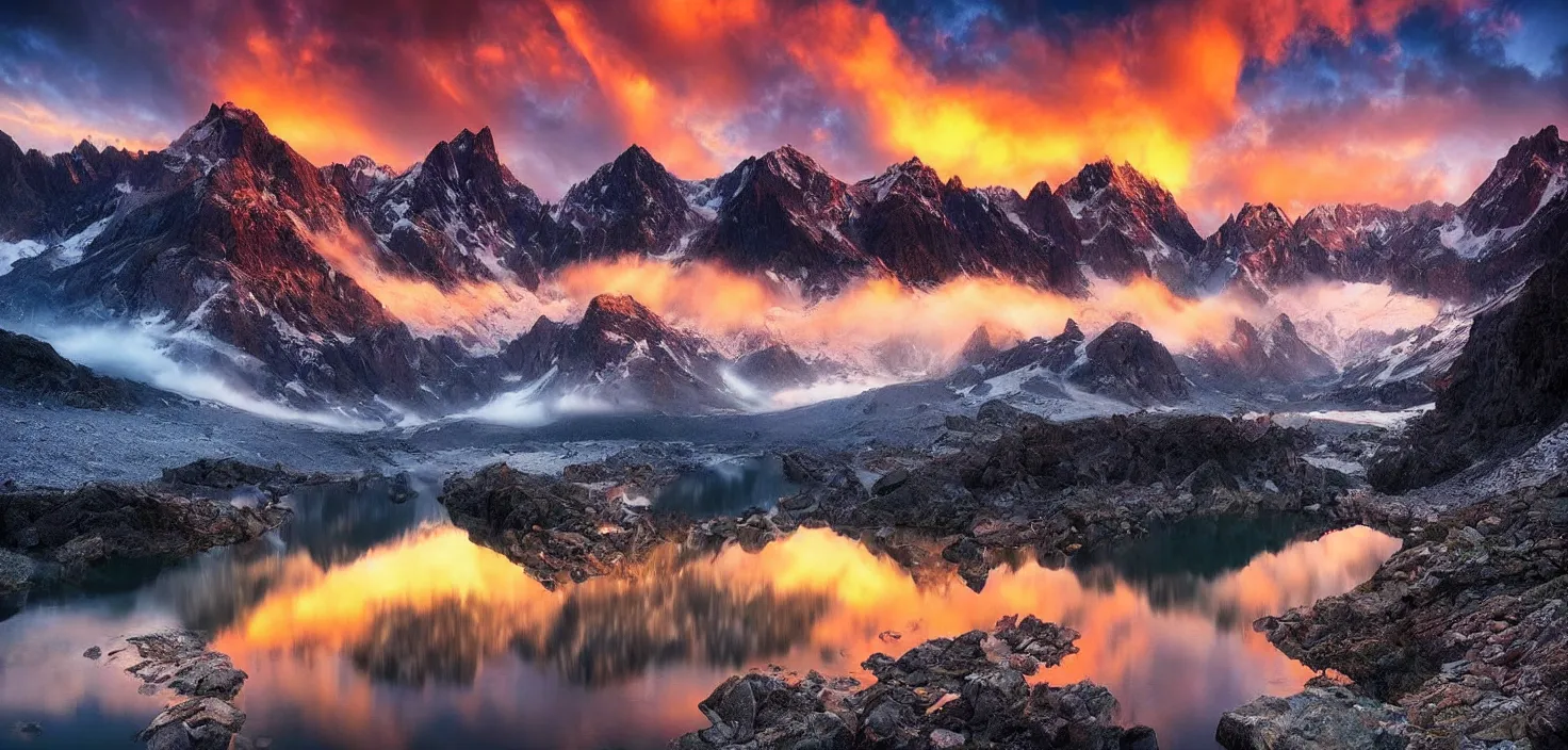 Image similar to amazing landscape photo of mountains with lake in sunset by marc adamus, beautiful dramatic lighting