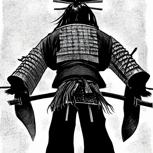 Image similar to A FULL BODY PORTRAIT FROM BEHIND OF A SAMURAI FROM MANGA VAGABOND ,detailed, concept art, ink style , sketch