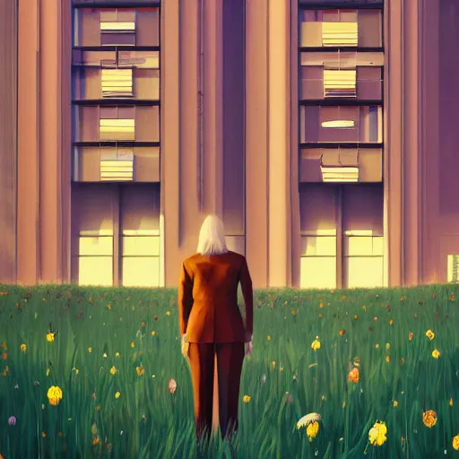 Image similar to huge flower as head, woman in suit standing by tall windows, modernist luxury apartment, surreal photography, sunlight, impressionist painting, digital painting, artstation, simon stalenhag