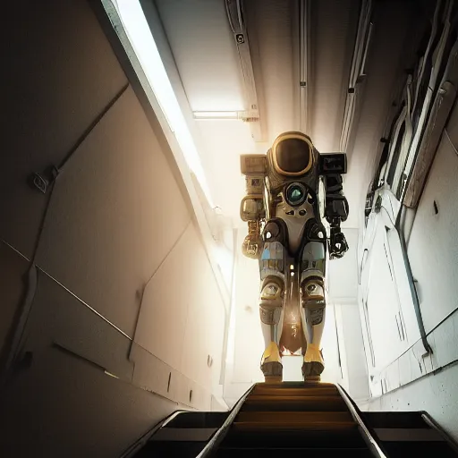 Image similar to beautiful portrait of a mecha astronaut going up the stairs to heaven alone, octane render, trending on artstation, hyperrealistic, character photography