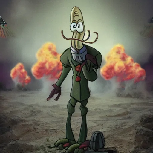 Image similar to squidward as a military leader with explosions behind him