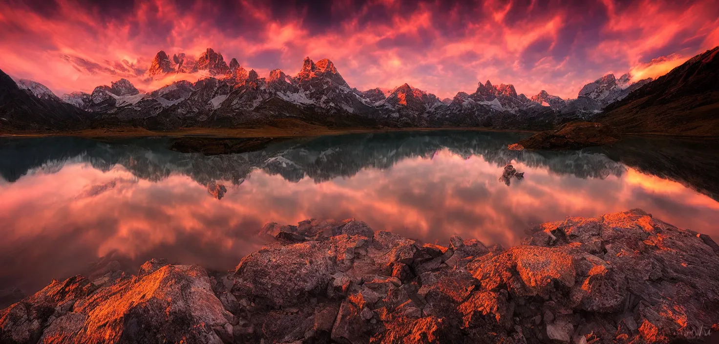 Image similar to amazing landscape photo of mountains with lake in sunset by marc adamus, beautiful dramatic lighting