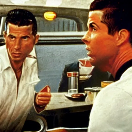 Prompt: movie still of the diner scene in the movie Heat, rendering of cristiano ronaldo as vincent hanna,