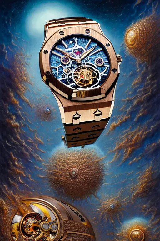 Prompt: realistic futuristic Audemars Piguet chronograph tourbillon clocks james gurney, dan luvisi, Petros Afshar, tim hildebrandt, liam wong, Mark Riddick, thomas kinkade, ernst haeckel, dan mumford, trending on artstation, josephine wall, WLOP, cgsociety by Gediminas Pranckevicius, trending on cgsociety and DeviantArt