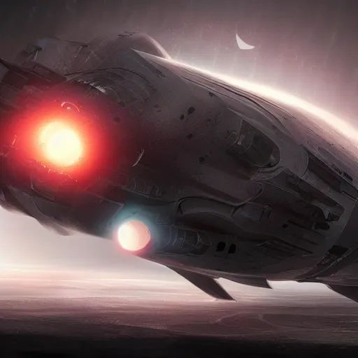 Image similar to sci - fi spaceship in combat, in planet atmosphere and dense fog, explosions, highly detailed, trending on artstation, ridley scott
