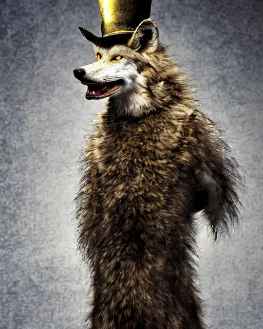 Image similar to Tall emaciated man wolf hybrid, covered in matted fur, he has yellow wolf eyes, a long bent rat like tail, long coyote like ears, and is Wearing a cape with a Top Hat, highly realistic, Rick Baker style, photoreal, photograph in the style of Annie Leibovitz, Studio lighting