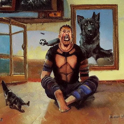 Image similar to a humanoid german shepherd beast - man, sitting and watching a soccer match in his house on television, he has hurt his knee and is a dad, by erin hanson, alexi zaitsev, karl spitzweg, award winning, tv set