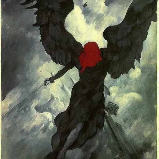 Image similar to aesthetically pleasing image of the whitewinged angel of death wearing a crimson and black robe descending on the lonesome faceless phantoms in their graves jamie wyeth paul cezanne arthur rackham edward hopper oil painting